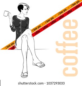 I love you coffee. Vector illustration of a beautiful fashion girl in a shirt. Fashion girl drinks coffee.