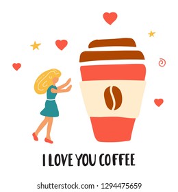 I love you coffee. Vector lettering icon, funny hand drawn illustration for greeting card, t shirt, print, stickers, posters design.