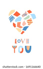 Love you collage hand drawn cute lettering. Vector illustration. 