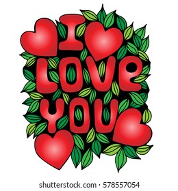 I love you colorful lettering with big red heart and leaves. Can be used for print of clothes, card, invitation, posters, placards, banners.