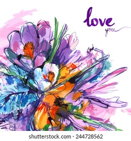 i love you/ colorful watercolor bouquet flowers with purple words/ purple pink and white irises/ green shoots/ picturesque background/ vector illustration