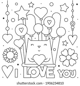 I love you. Coloring page. Black and white vector illustration