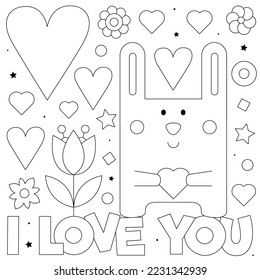 I love you. Coloring page. Black and white vector illustration of a rabbit with a heart