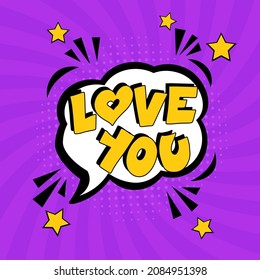 Liebe dich! Comic Buch Explosion mit Text - Love you. Vektorhelle Cartoon-Illustration im Retro-Pop-Art-Stil. Kann für Business, Marketing und Werbung verwendet werden.  Pop-Art-Comic für Banner-Flyer 