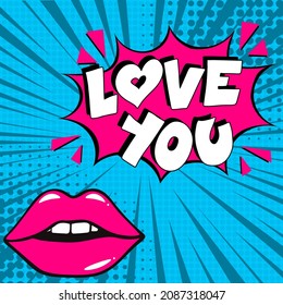 Te quiero. Explosión de historietas con texto - Te amo. Ilustración de dibujos animados brillantes en estilo retro de arte pop. Se puede usar para negocios, marketing y publicidad.  Cómic de arte pop de volante 