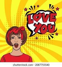 Love you. Comic book explosion with text -  Love you. Vector bright cartoon illustration in retro pop art style. Can be used for business, marketing and advertising.  Banner flyer pop art comic 