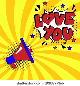 Love you. Comic book explosion with text -  Love you. Vector bright cartoon illustration in retro pop art style. Can be used for business, marketing and advertising.  Banner flyer pop art comic 