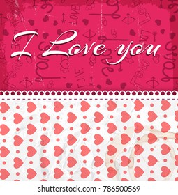 I love you composition with seamless pattern with little pink hutrs and romantic background vector illustration