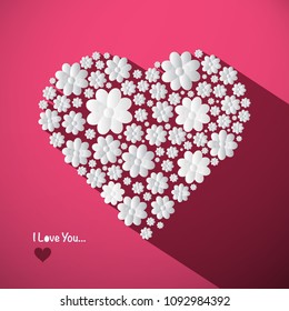 I Love You Concept with Big Heart Made from Paper Cut Flowers on Pink Background. Romance Symbol.
