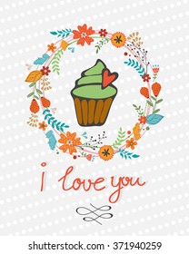 love you concept card with cupcake in floral wreath