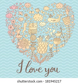 I love you - concept card in modern stylish colors. Heart shape made of romantic signs: hearts, flowers, girl, whale, clouds, stars and rabbits on sea background