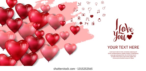 I love you concept design with floating heart balloons and pink brush on white background for banner, greeting card, invitation, wallpaper and poster