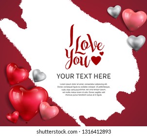 I love you concept design with floating heart balloons on white brush background for banner, greeting card, invitation, wallpaper and poster