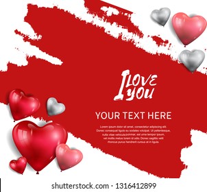 I love you concept design with floating heart balloons on red brush background for banner, greeting card, invitation, wallpaper and poster