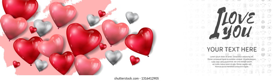 I love you concept design with floating heart balloons and pink brush white background for banner, greeting card, invitation, wallpaper and poster
