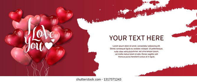 I love you concept design with floating heart balloons and white brush on red background for banner, greeting card, invitation, wallpaper and poster