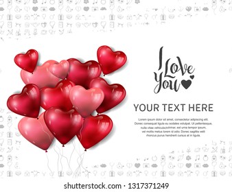 I love you concept design with floating heart balloons on white background for banner, greeting card, invitation, wallpaper and poster