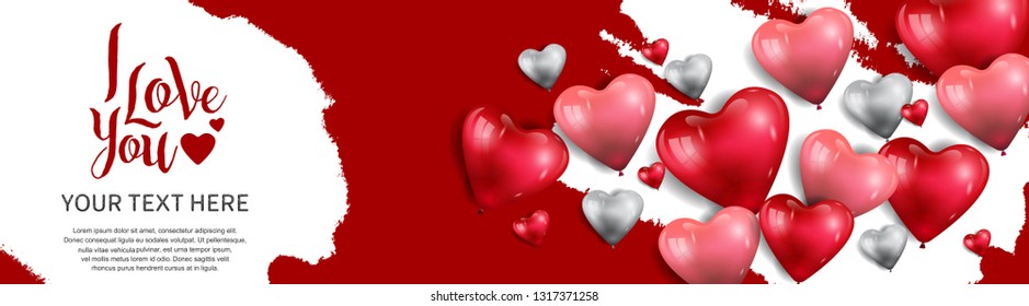 I love you concept design with floating heart balloons and white brush red background for banner, greeting card, invitation, wallpaper and poster