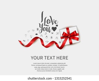 I love you concept design with gift box and love icons on white background for banner, greeting card, invitation, wallpaper and poster