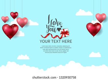 I love you concept design with gift box and hanging heart balloons on blue sky background