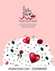 i love you concept design with half circle shape from gift box, heart balloons, rose, love icons on pink background and white brush