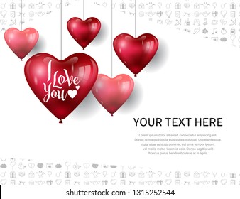 I love you concept design with hanging heart shape balloons white love icons background for banner, greeting card, invitation, wallpaper and poster