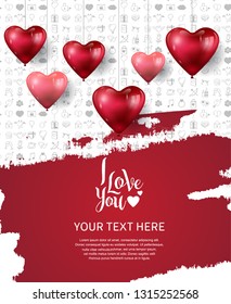 I love you concept design with hanging heart shape balloons and red brush on white background for banner, greeting card, invitation, wallpaper and poster