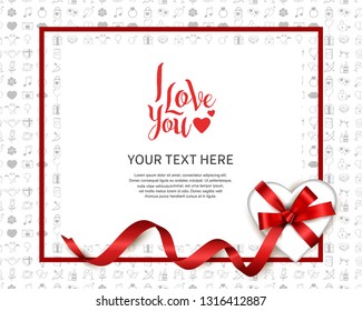 I love you concept design with heart gift box and red rectangle on white background for banner, greeting card, invitation, wallpaper and poster