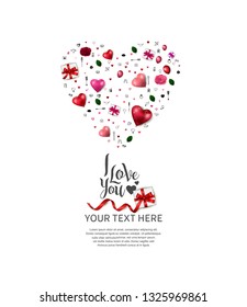 i love you concept design with heart shape from gift box, heart balloons, rose, and love icons on white background