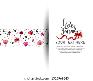 i love you concept design with horizontal border shape from gift box, heart balloons, rose, and love icons on white background