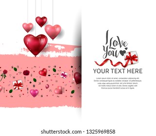 i love you concept design with horizontal border shape from gift box, heart balloons, rose, and love icons on white background, pink brush and hanging heart balloons