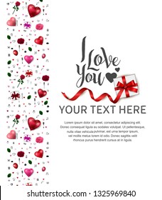 i love you concept design with vertical border shape from gift box, heart balloons, rose, and love icons on white background