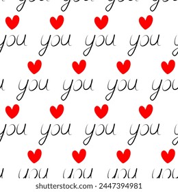 Love you Concept seamless pattern Hand drawn text with red heart shape in minimalist style Backdrop