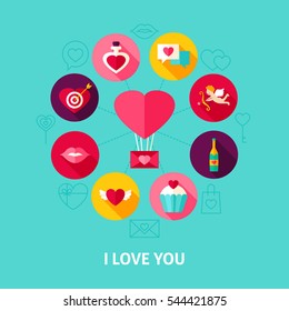 I Love You Concept. Vector Illustration of Love Holiday Infographics Circle with Flat Design Icons.