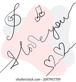 I love you. Continuous line. Lettering for poster, card, banner valentine day, wedding. Print for t-shirt. Vector illustration