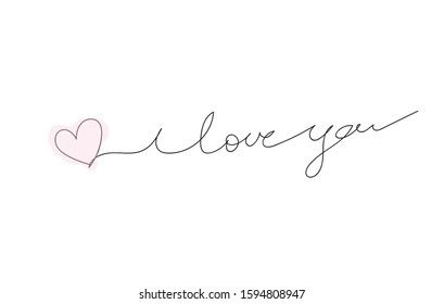 I Love You a continuous line with pink heart. Valentine's day card. Vector illustration. A handwritten Declaration of love.

