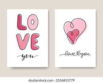 Love You Cute backgrounds set. Happy Valentines Day Doodle cards. Abstract simple Heart shape. Invitation Flyer Poster Banner label in minimal line art modern style