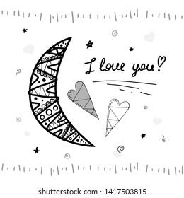 I love you. Cute card with a crescent and two hearts.
