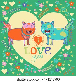 I love you. Cute cartoon cats in vector. Vector card