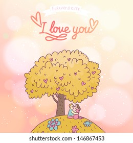 I love you. Cute cartoon illustration with lovers under the tree. Romantic card in vector