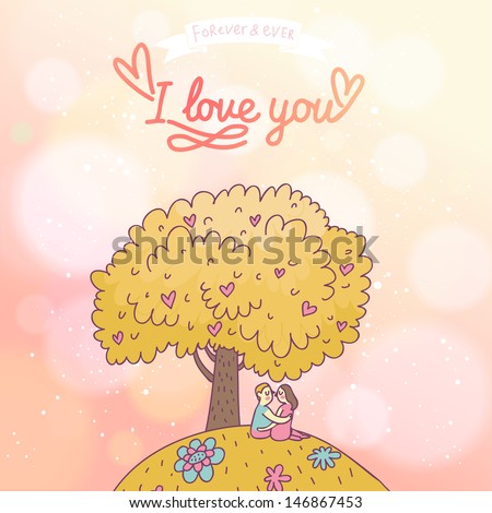 I love you. Cute cartoon illustration with lovers under the tree. Romantic card in vector
