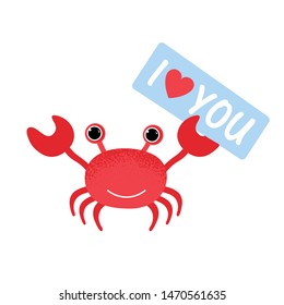 I love you. Cute cartoon red crab drawing. Crab character vector illustration with heart. Emoji. Smiling Face crab with tablet I love you