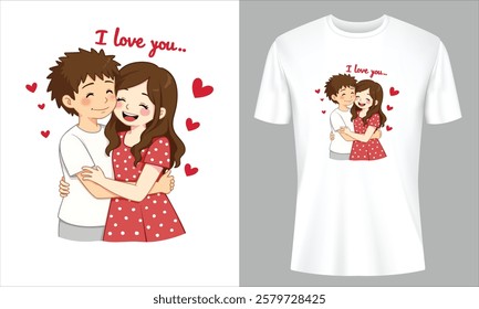 I Love You Cute Couple Hugging T-Shirt Design for Valentine's Day