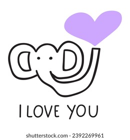 I love you. Cute elephant with purple heart. Design for St. Valentine's day. Vector outline hand drawn illustration on white background.