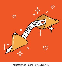 I love you. Cute fortune cookie Valentine's Day card. Hand drawn vector illustration in cartoon style.