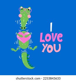 I love you - Cute Funny hand drawn doodle with crocodile in love. Cartoon alligators. Good for Valentine's Day card. Vector hand drawn illustration.