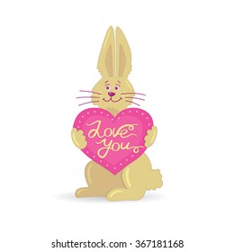 Love you. Cute hand drawn illustration with rabbit hanging a big pink heart. Adorable design for 14 February gift 