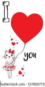 I love you Cute kitten with balloon heart kids vector illustration for t shirt. Valentine's day.