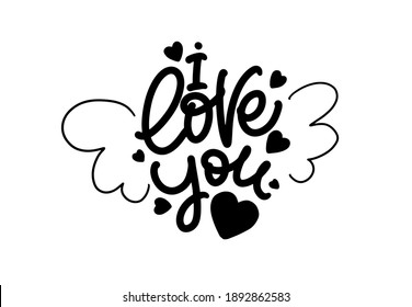 I love you cute lettering design with hearts and wings.