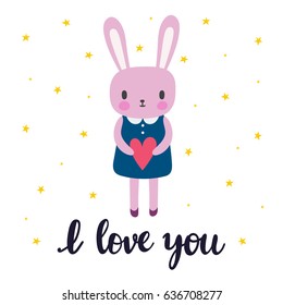 I love you. Cute little bunny. Romantic card, greeting card or postcard. Illustration with beautiful rabbit with heart. Vector illustration